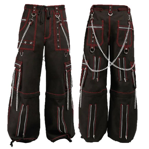 Men’s Electro Bondage Gothic Red Stitch Rave Gothic Cyber Chain Goth Tripp Pant - Picture 3 of 4